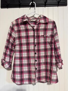 Allison Daley Petite M Pink Plaid 3/4 Sleeve Metallic Thread Button Down Blouse